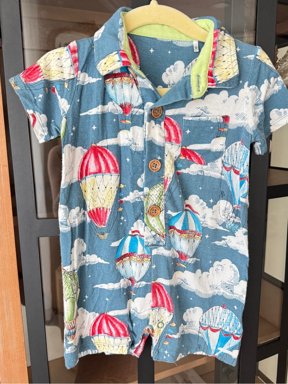 Posh Peanut hot air balloons polo shortall romper bamboo baby boy collar clouds